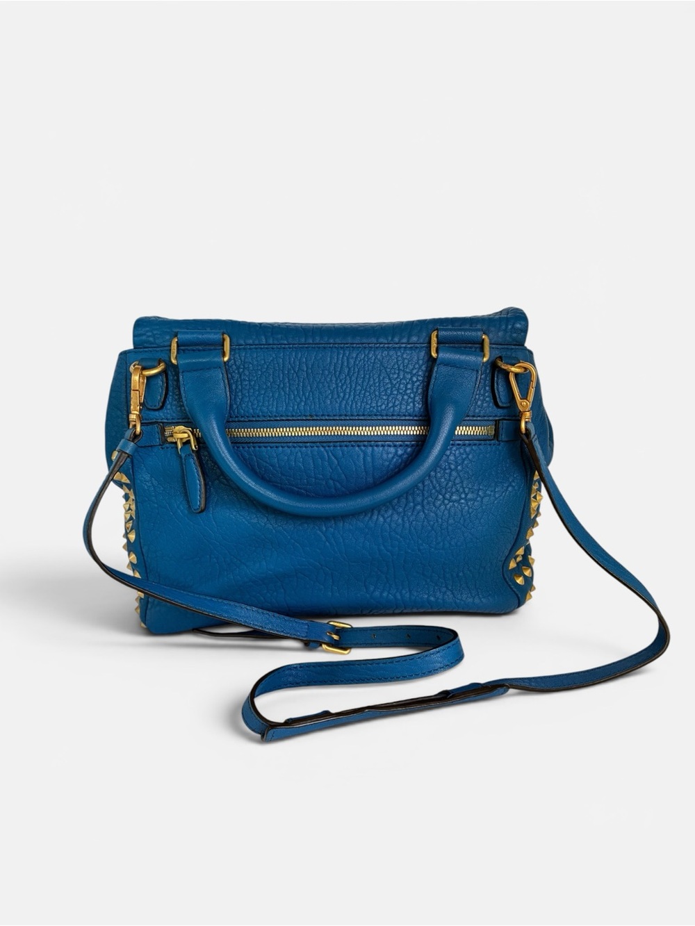 MCM Blue Pebbled Leather Studded Satchel Crossbody Bag Gold Hardware - Picture 2 of 13